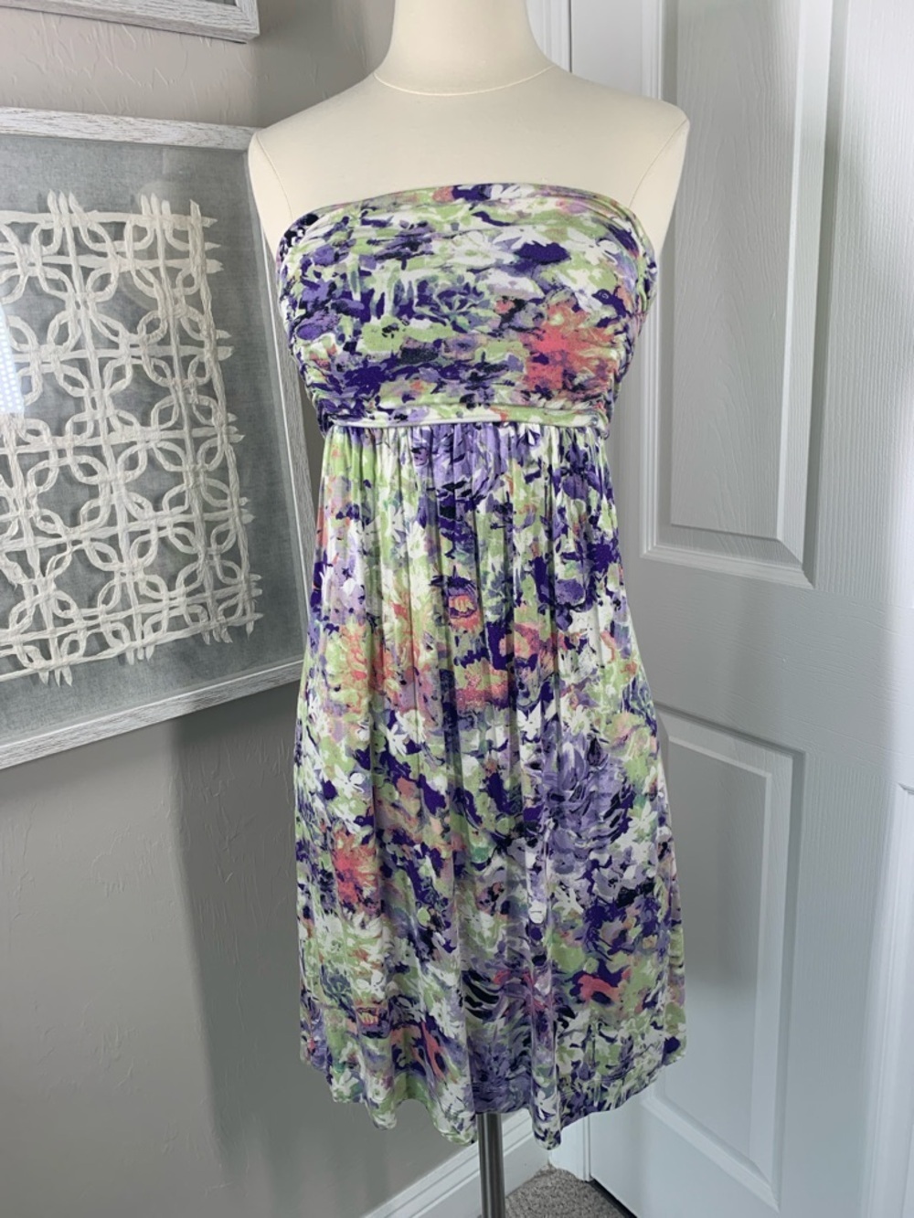 Soma strapless bandeau dress purple and green floral print size XS